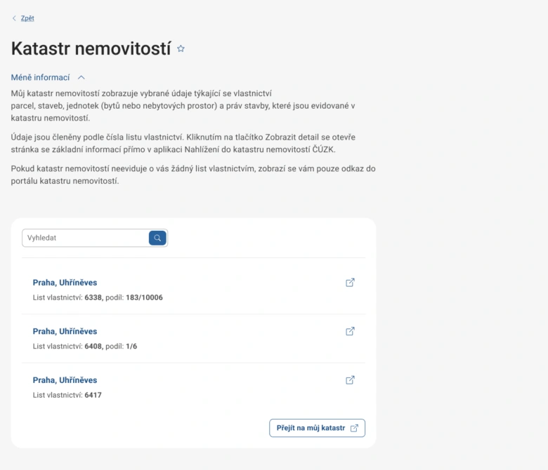 Zobrazení katastru nemovitostí v online aplikaci s výsledky pro Prahu, Uhříněves