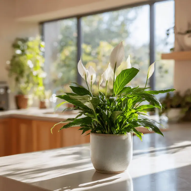 Bílý lovatkovec spathiphyllum na kuchyňské desce v slunci