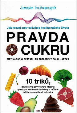 Obálka knihy Pravda o cukru s obrázky potravin a tipy na vyrovnání hladiny glukózy