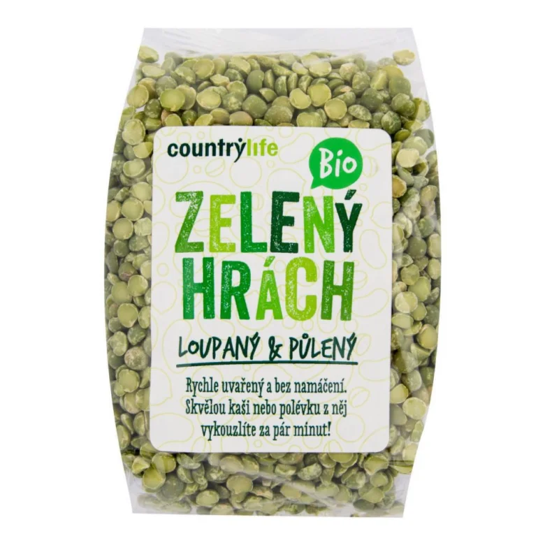 Bio zelený hrách loupaný a půlený v balení