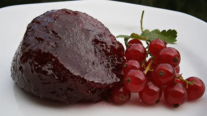 Babiččina rybízová marmeláda s čerstvými ribizlemi na talíři