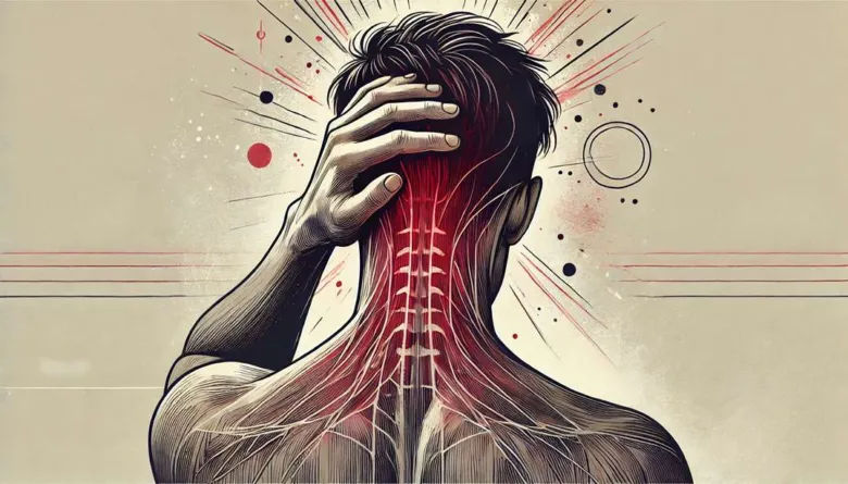 Ilustrace bolesti hlavy vzadu s vyznačeným krčním páteří