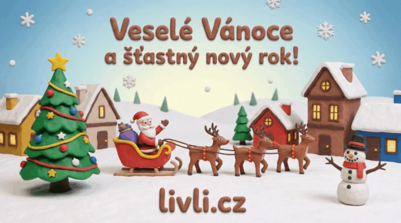Vánoční přání s Santa, sobíky, stromkem a sněhulákem