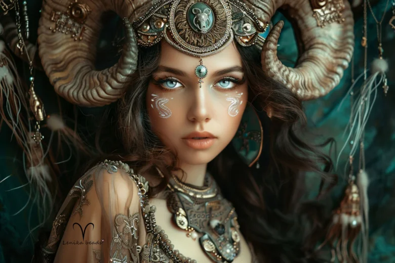 Žena s rohy berana a astrologickými symboly