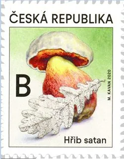 Ilustrace hřibu satana na české známce s listy dubu