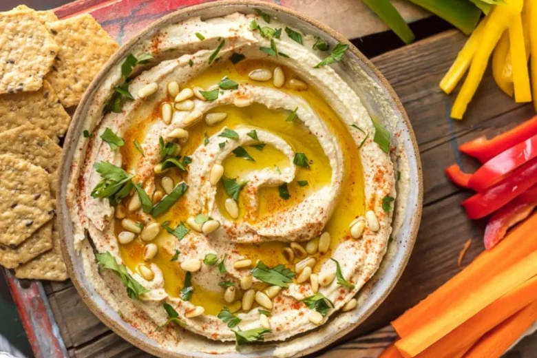Hummus v miskě s olivovým olejem, piniovými oříšky a zeleninou