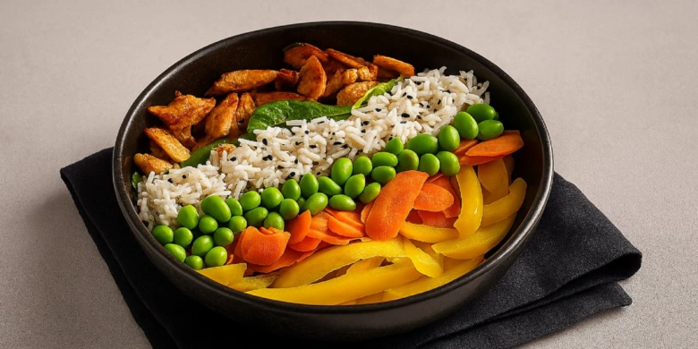 Chutná mísa s rýží, zeleninou a tofu pro rychlý oběd