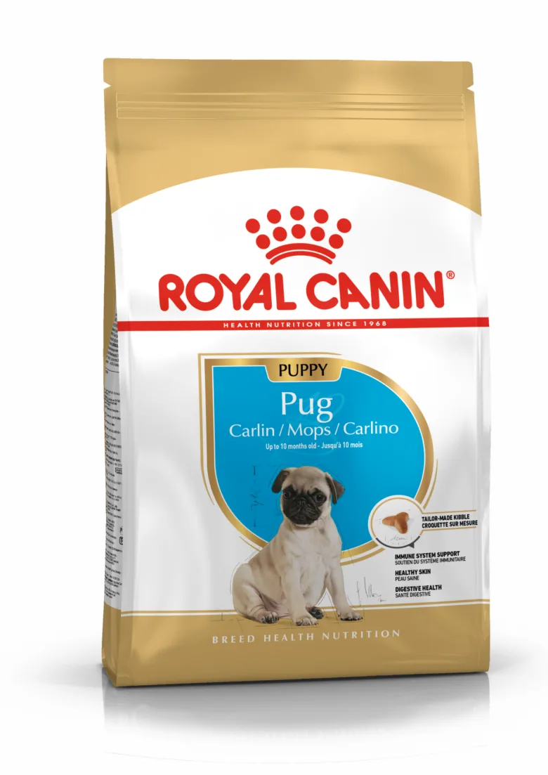 Krmivo Royal Canin pro štěňata mopsů, zlatá a bílá sázka