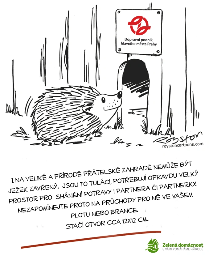 Kreslený ježek u otvoru pod plotem s nápisem o potřebě průchodů pro ježky v zahradě