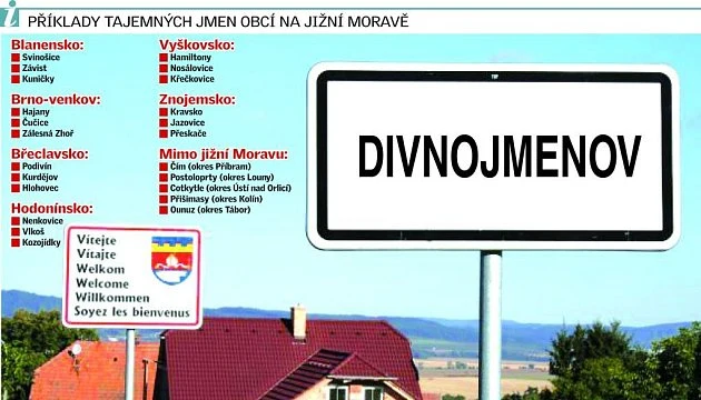 Infografika s zajímavými názvy obcí na Jižní Moravě, včetně cedule Divnojmenov