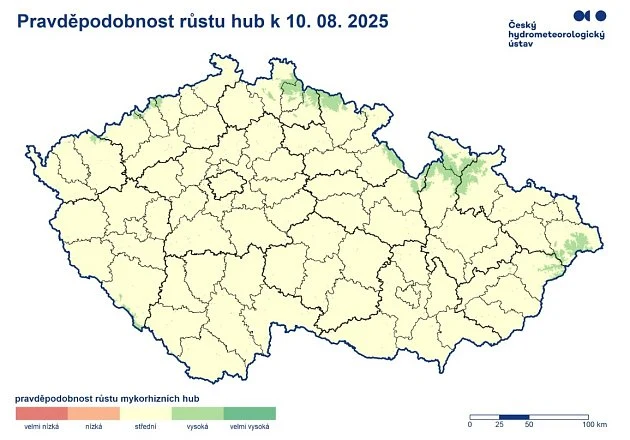 Mapa pravděpodobnosti růstu hub v České republice k 10.8.2025