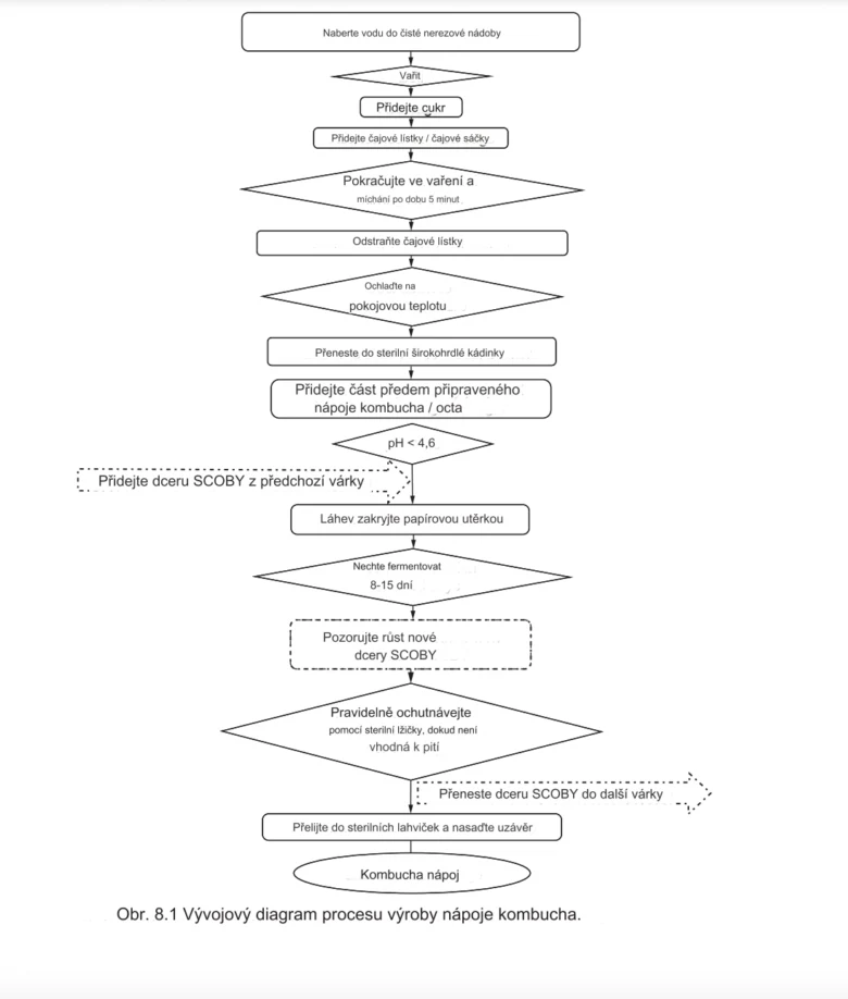 Vývojový diagram výroby nápoje kombucha