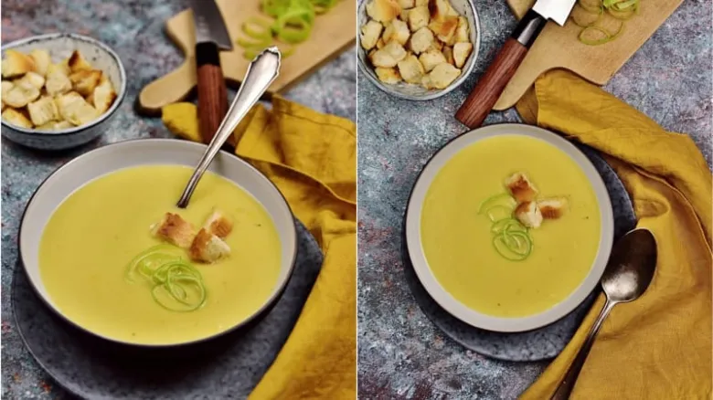 Luxusní pórková polévka s chlebíčky a cibulí