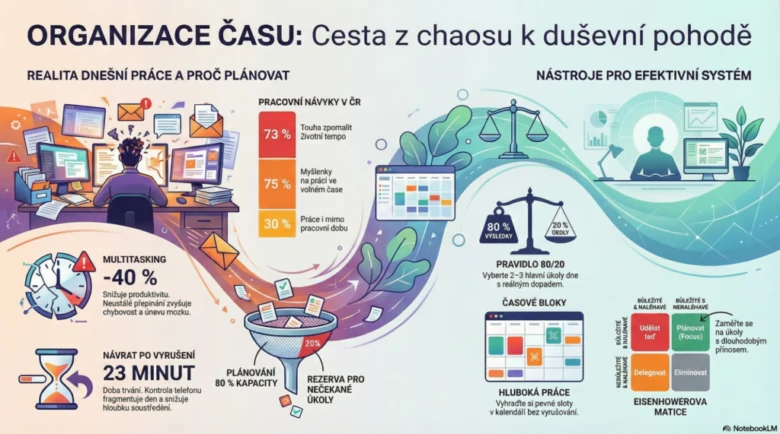 Infografika o organizaci času na práci s nástroji a statistikami