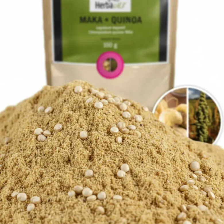 Quinoa zrnatá s práškem na bílém pozadí