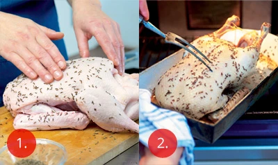 Příprava kachny – osažení kořením a pečení v troubě