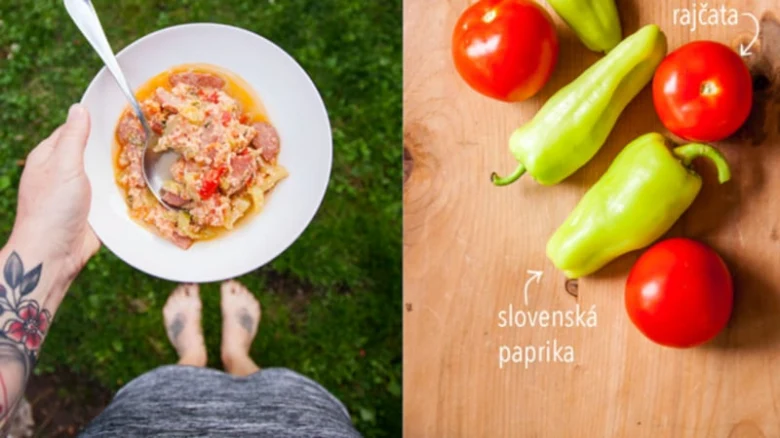 Lečo v miskě a surové ingredience: rajčata a slovenská paprika