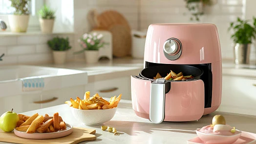 Růžová horkovzdušná fritéza s vařenými bramborami na kuchyňském stole