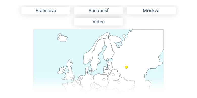 Mapa Evropy s hlavními městy: Bratislava, Budapešť, Moskva, Vídeň