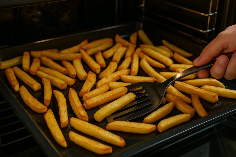 Hranolky v troubě, převracení lžící