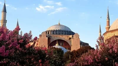 Hagia Sofia v Istanbulu s kvetoucími stromy