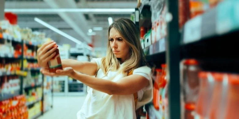Žena v obchodě si prohlíží etiketu na lahvičce