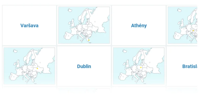 Mapy Evropy s označenými hlavními městy: Varšava, Athény, Dublin, Bratislava