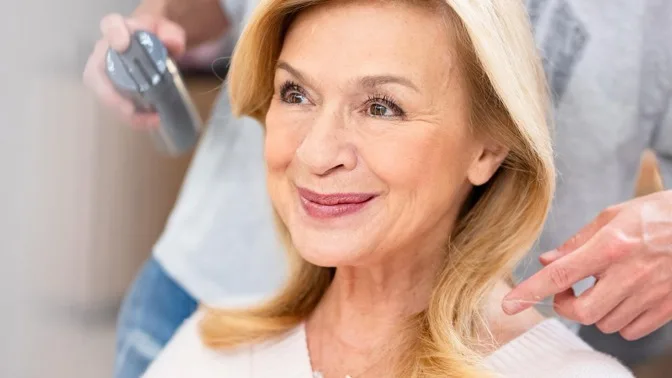 Žena s blond vlasy během účesu v kadeřnictví