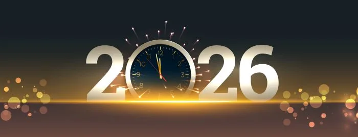 Vítání nového roku 2026 s hodinami na půlnoc a ohňostrojem