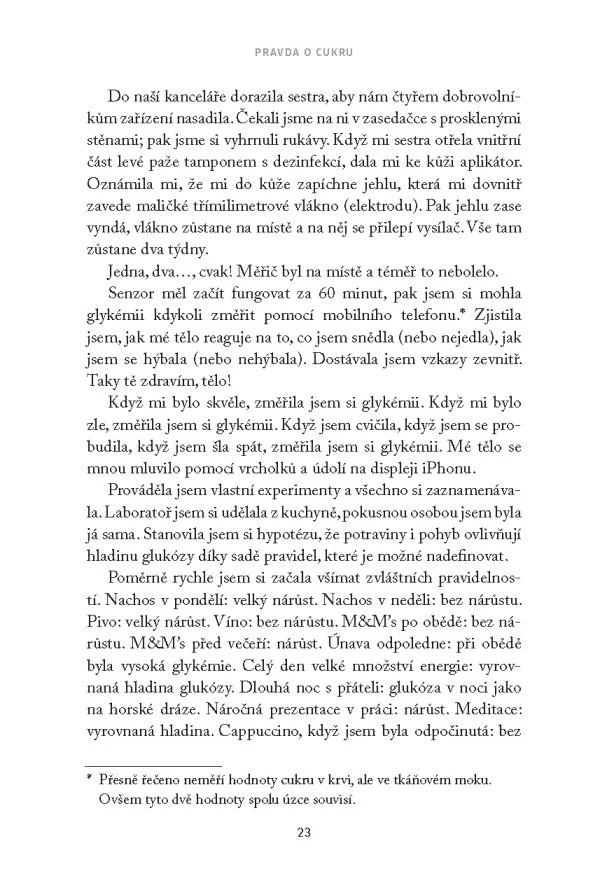 Stránka z knihy o cukru s popisem experimentů s glykémií a vlivem potravin