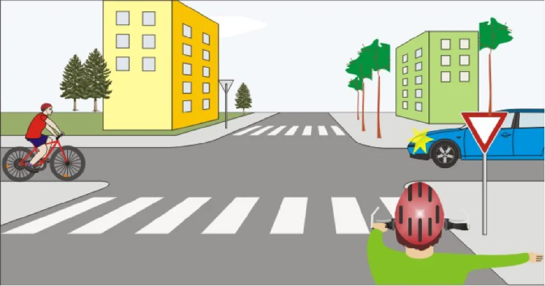 Dopravní značka výstražná trojúhelník, auto a cyklisté na křižovatce