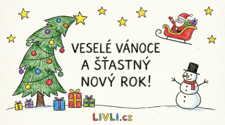 Vánoční přání s vánočním stromem, dárky, sněhulákem a Santa, text: Veselé Vánoce a Šťastný Nový Rok!