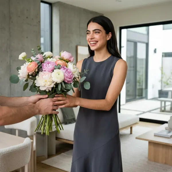 Žena přijímá květinovou kytici v interiéru.