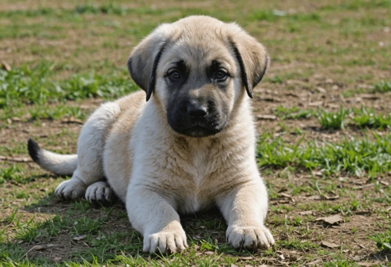 Mladý štěně plemene kangal leží na trávě.