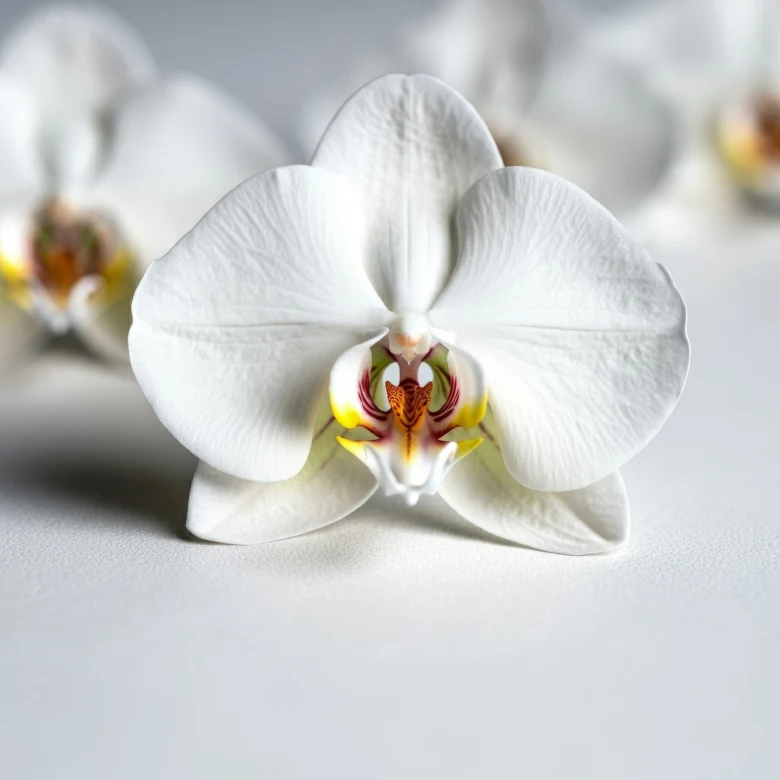 Bílá orchidej v plném květu na světlém pozadí.